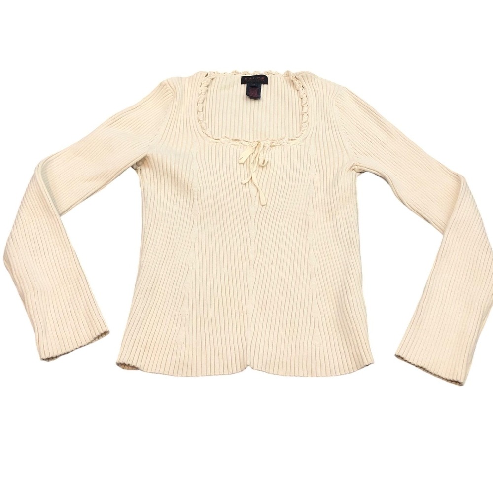Ralph Lauren Sweater Y2K Medium Cream Ribbed Square Neck Crochet Trim Tie Front